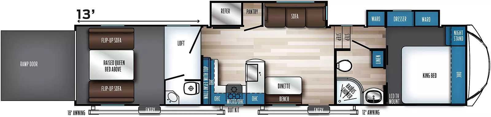 The 371A13 has two slideouts and two entries. Exterior features outside kitchen, rear ramp door, and 18 foot and 12 foot awnings. Interior layout front to back: front foot-facing king bed with overhead cabinet, door side LCD TV mount, off-door side nightstand and slideout with wardrobes and dresser; door side full pass-through bathroom with linen closet; steps down to entry and main living area; off-door side slideout with sofa, pantry and refrigerator; door side entry, dinette with bench, peninsula kitchen counter with sink wraps to door side with cooktop, microwave, overhead cabinet, , and continues to wrap to inner wall with wall inset with top and overhead cabinet; rear garage with half bathroom, loft, second entry, and opposing flip-up sofas with raised queen bed above.