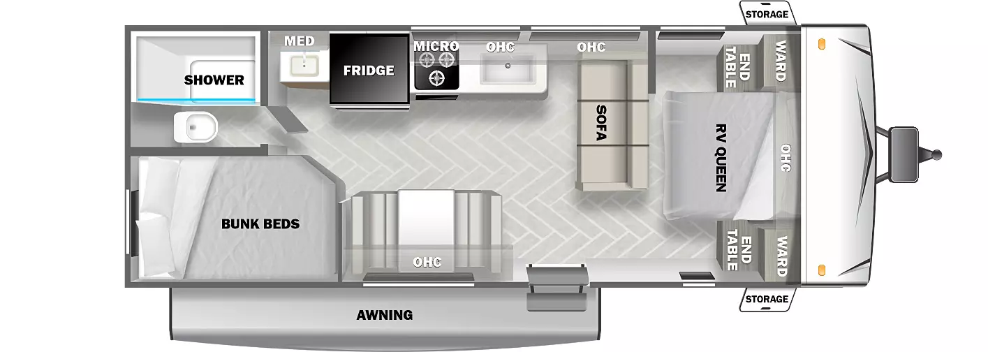 The 268BH has zero slideouts and one entry door. Exterior features front storage, and an awning. Interior layout front to back: RV queen bed with overhead cabinet and wardrobes on each side; sofa along inner wall; door side entry, dinette, and overhead cabinet; off-door side kitchen counter with sink, overhead cabinet, microwave, cooktop, refrigerator, and bathroom sink with medicine cabinet; rear off-door side bathroom with shower and toilet only; rear door side bunk bed.