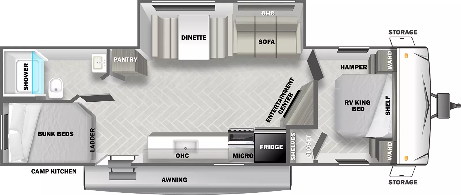 The 278SS has one slideout and one entry. Exterior features front storage, awning, and camp kitchen. Interior layout front to back: RV king bed with shelf above, wardrobes on each side, hamper on off-door side, and closet with shelves on interior wall; angled entertainment center along inner wall; off-door side slideout with sofa, overhead cabinet, and dinette; door side refrigerator, microwave, cooktop, countertop with sink, overhead cabinet and entry door; off-door side pantry; rear off-door side full bathroom; rear door side bunk beds with ladder.