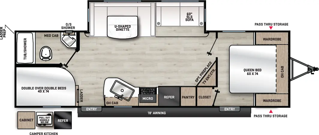 the 280BHS has 1 slide out on the off-door side and two entry doors. Exterior features include: outside shower on the off-door side, spray port on the door side at the rear, camper kitchen near the rear of the door side, 18' awning spanning over both entry doors, front pass through storage; Interior layout from front to back: front bedroom with its own entry door and coat closet,  foot facing 60x74 Queen bed, wardrobes on each side of the bed along with an overhead shelf; off-door side slide out holding a U-Shaped dinette and sofa, across from slide out is kitchen countertop with double basin sink, overhead cabinets, overhead microwave, stovetop, refrigerator, pantry, angled TV entertainment center with fireplace; double over double bunk beds in the rear door side corner; bathroom with 24x40 tub, toilet, sink and medicine cabinet in the rear off-door side corner.