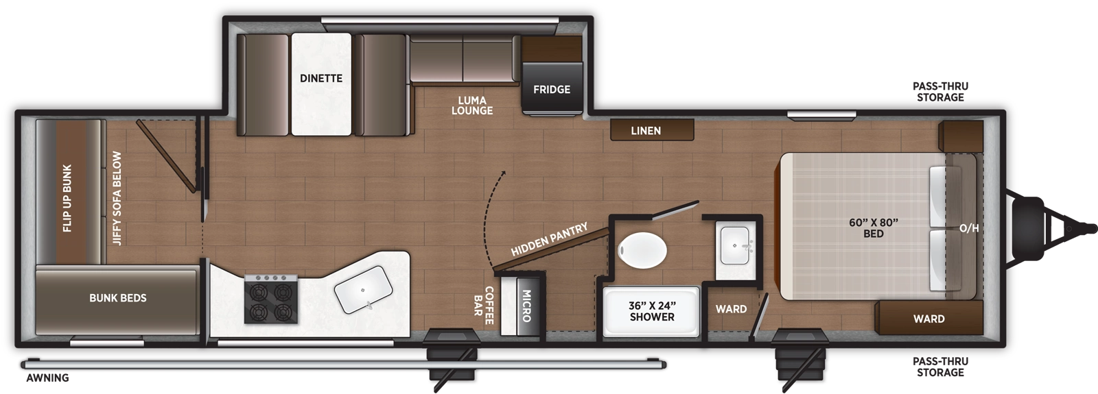 The Airelume 285 floorplan has two entries and one slide out. Exterior features include: metal exterior and 18' awning. Interiors features include: bunk beds and front bedroom.